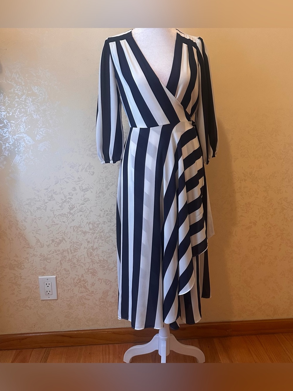INC International Concepts Black and White Striped Wrap Midi Dress
